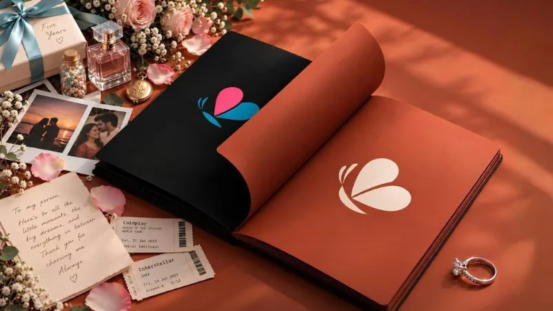 An open book showing the flutrr butterfly mark, beside polaroids, a love note, concert tickets and a ring